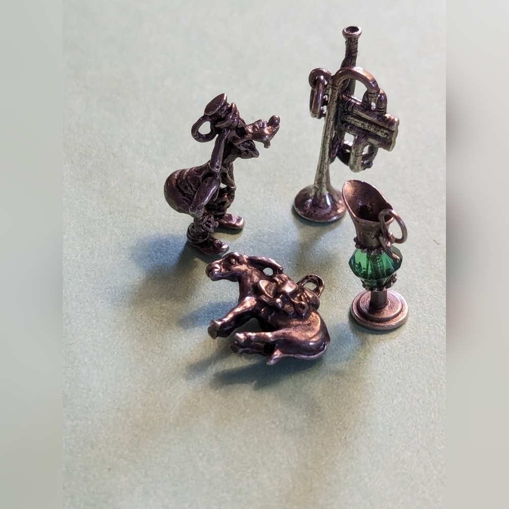 Sterling charms Pluto, saddle donkey, pitcher blue bead, trumpet